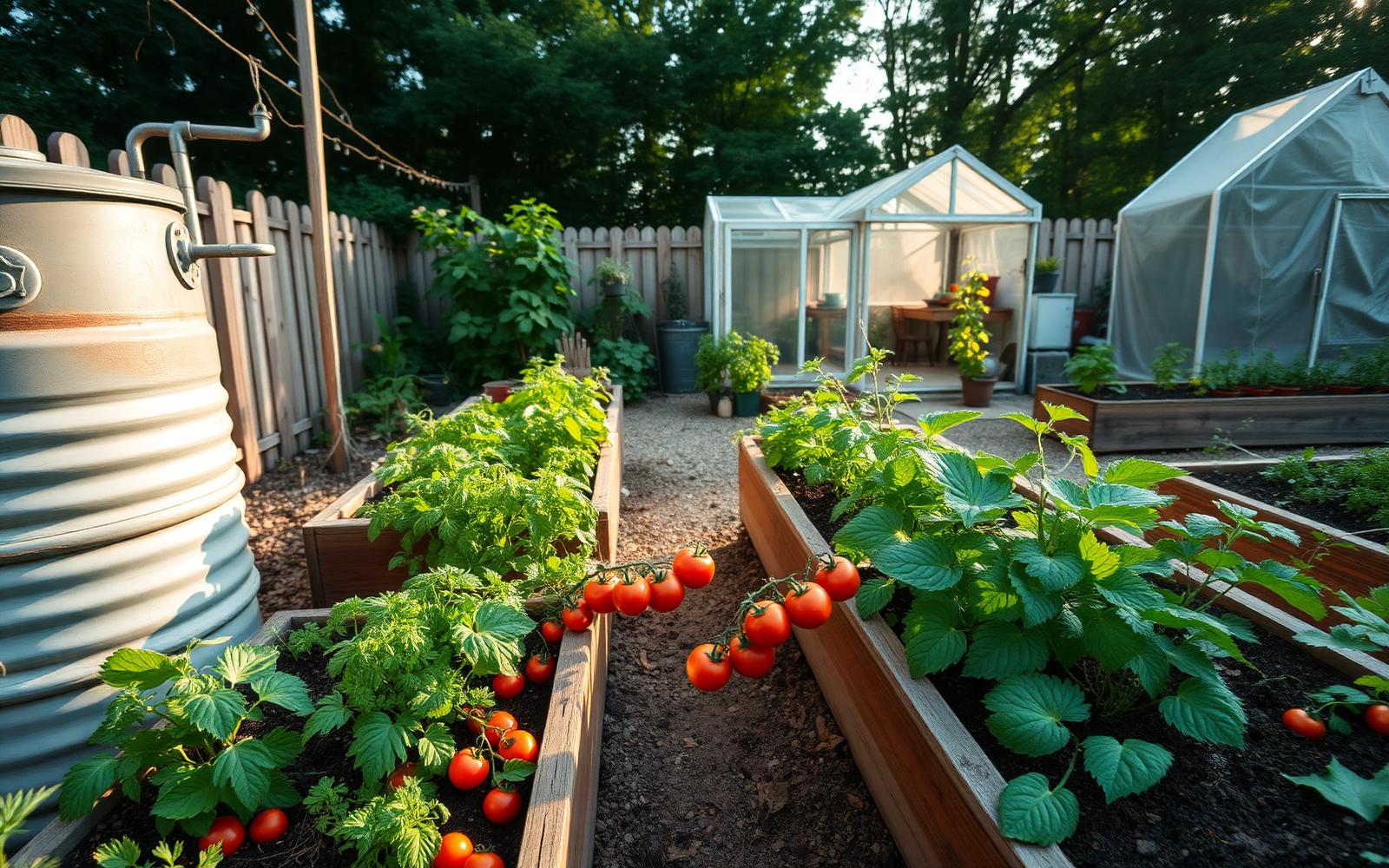 A backyard permaculture garden with raised beds and greenhouse