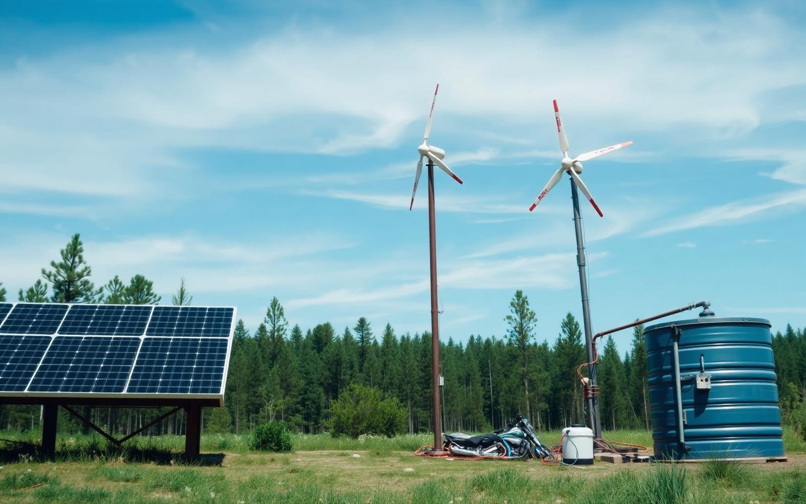 Small off-grid solar and wind installation with a water cistern