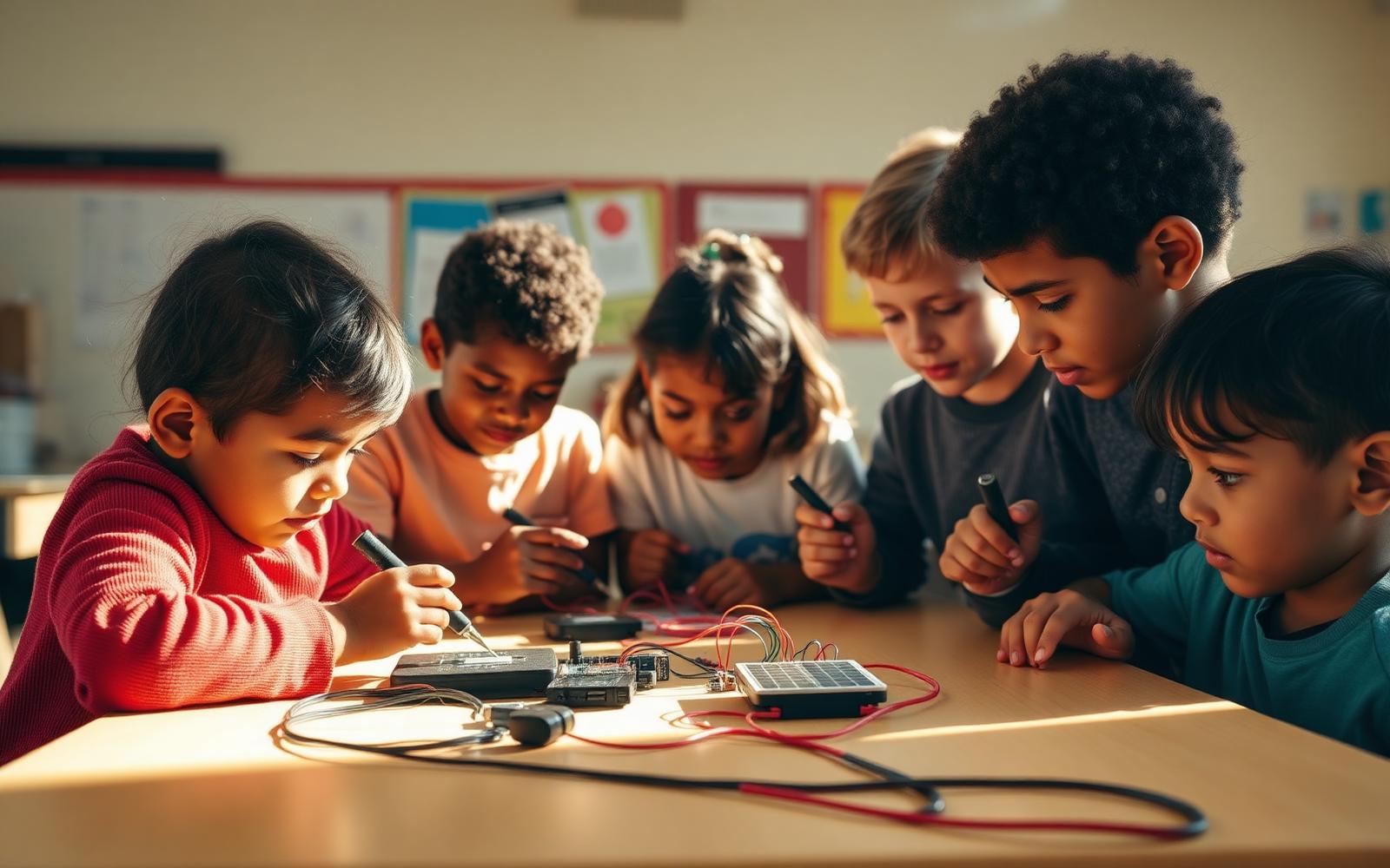 Children collaborating on a small solar STEM project at a classroom table